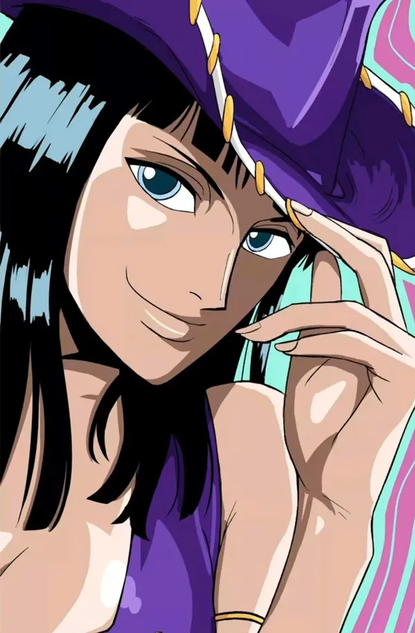 Một người phụ nữ mặc mũ màu tím và váy màu hình nền Nico Robin tím