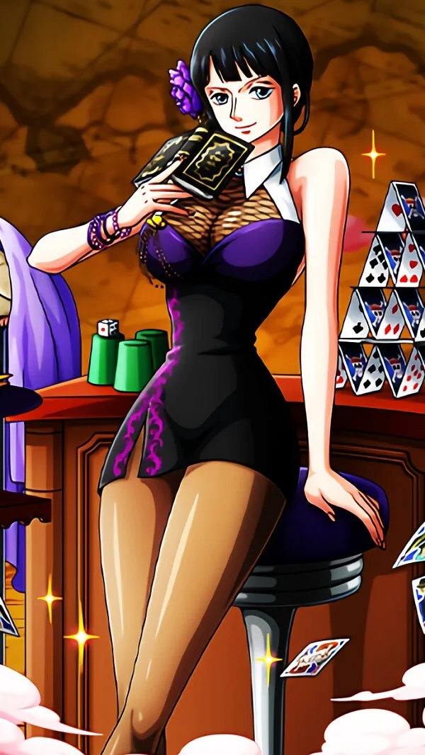 Một người phụ nữ mặc váy đen ngồi trên hình nền Nico Robin ghế