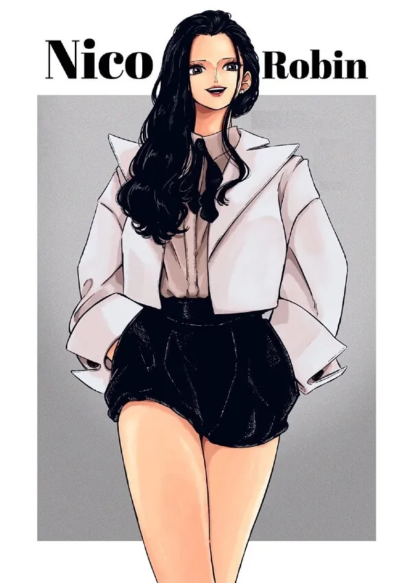 Một người phụ nữ mặc hình nền Nico Robin áo sơ mi trắng và quần short đen