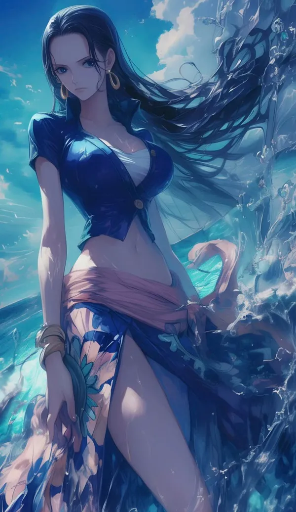 Một người phụ nữ mặc váy hình nền Nico Robin màu xanh đứng trong nước