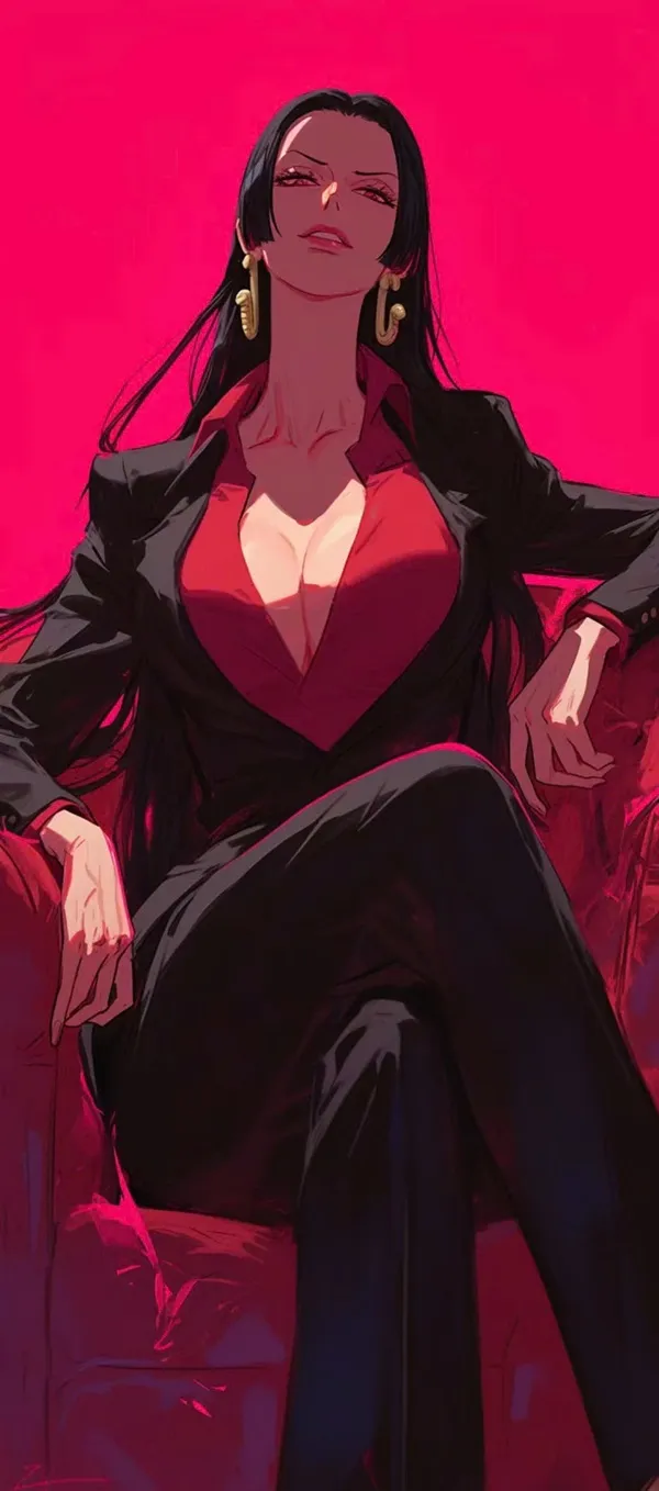 Một người phụ nữ ngồi trên chiếc ghế dài với hình nền Nico Robin hai tay khoanh