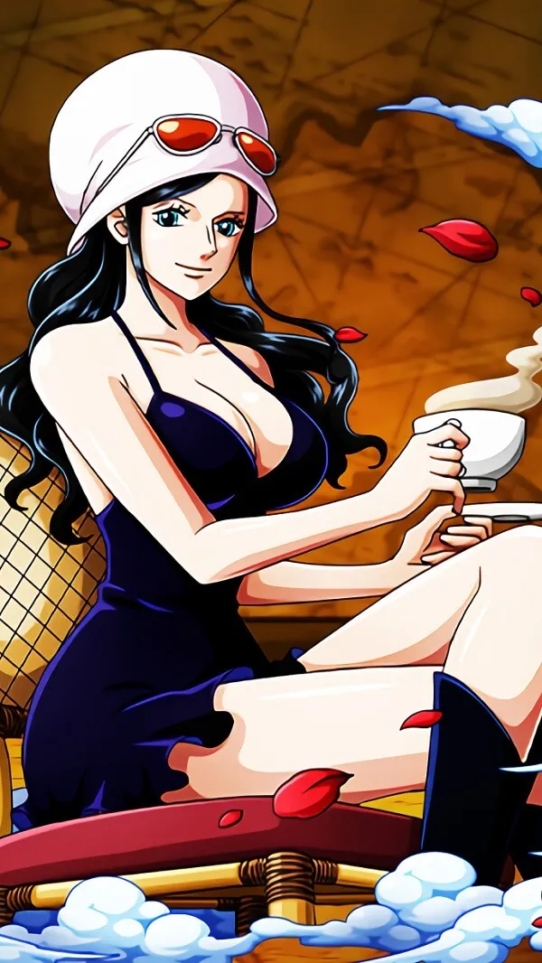 Một người phụ nữ hình nền Nico Robin trong trang phục thủy thủ ngồi trên ghế