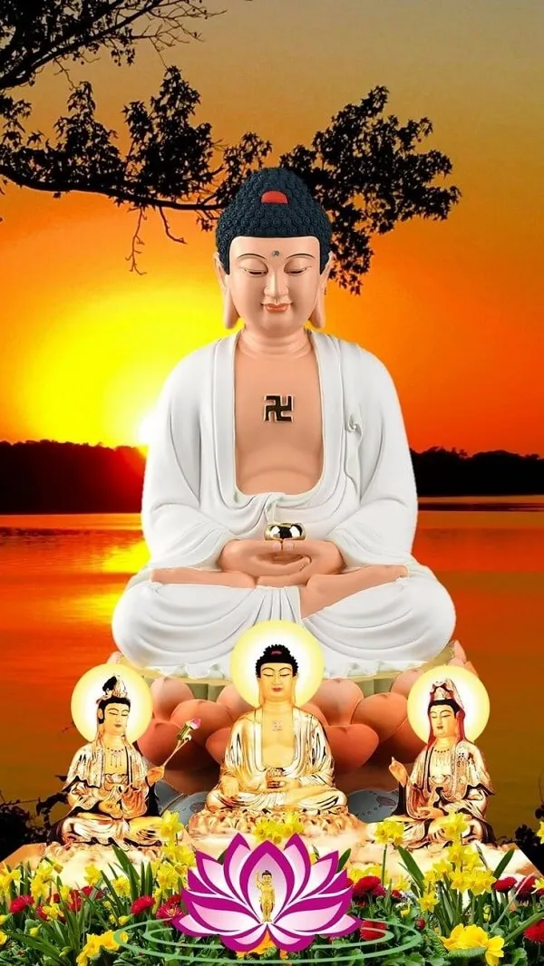 Phật tượng với hoa sen và hoa hình nền phật sen