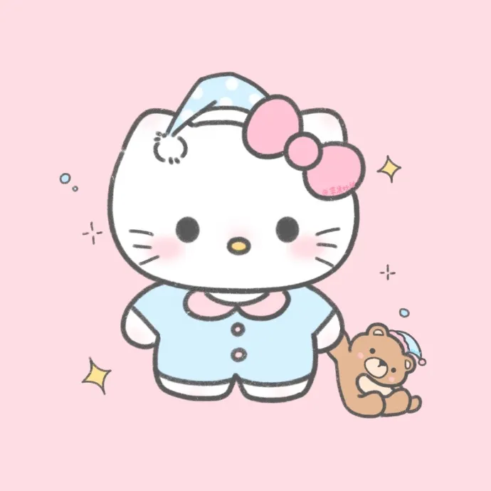 Hello kitty mỉm cười với một con gấu bông trên nền màu hồng