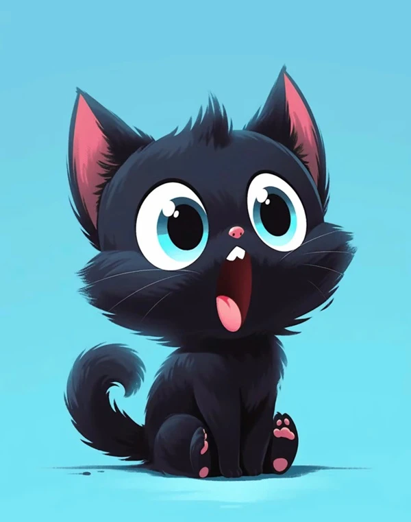 một con mèo đen với đôi mắt to và lưỡi meme bất ngờ