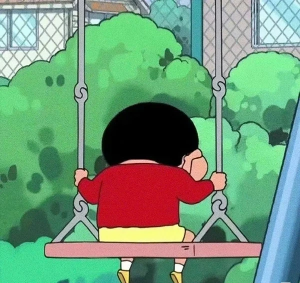 Một nhân vật hoạt hình đang ngồi trên một chiếc xích đu trong công viên meme buồn