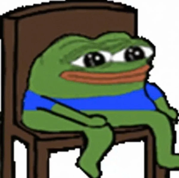 Một con ếch ngồi trên ghế với áo sơ mi màu xanh meme frog