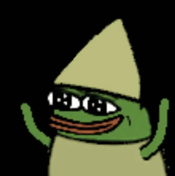 Một ếch hoạt hình có mũ màu xanh lá cây và nền đen meme frog