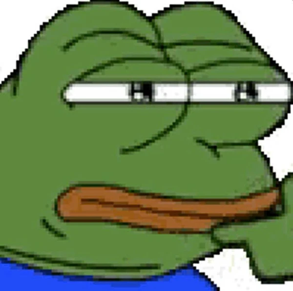 Một ếch hoạt hình với áo sơ mi màu xanh và chiếc mũ màu xanh lá cây meme frog