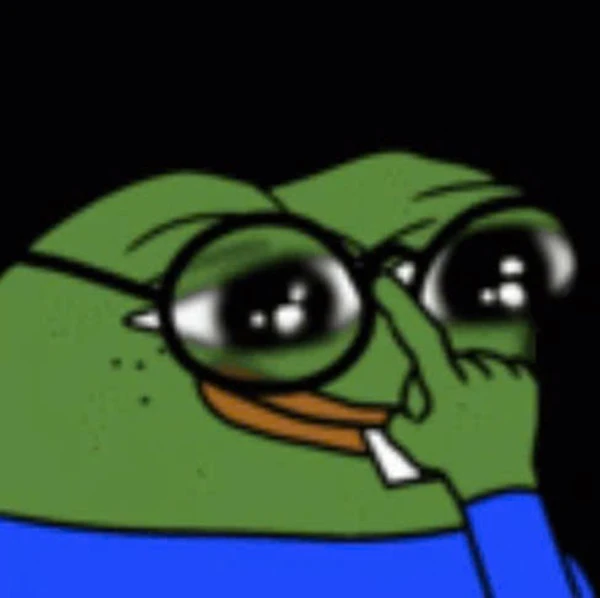 Một ếch hoạt hình với áo sơ mi màu xanh và nền đen meme frog