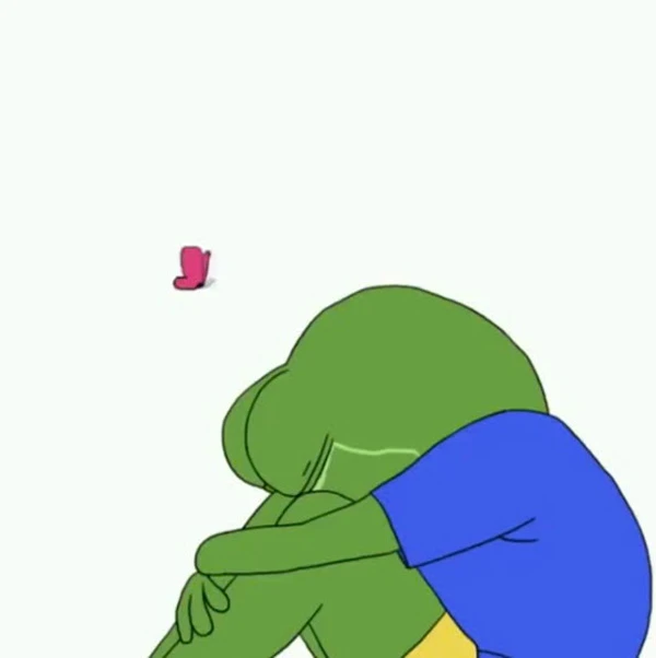 Một nhân vật hoạt hình quỳ trên mặt đất meme frog