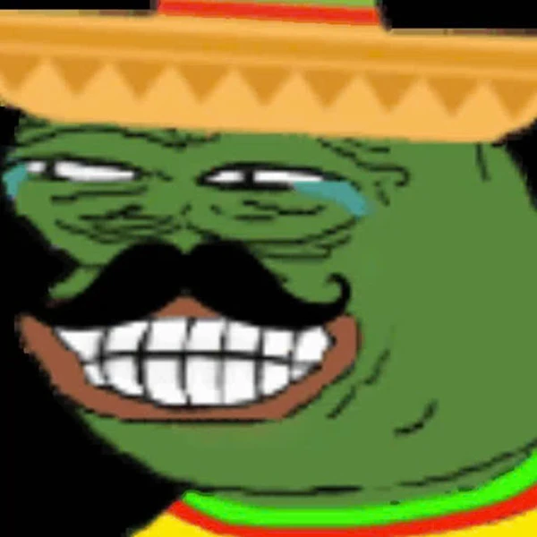 một nhân vật hoạt hình với một chiếc mũ ảm đạm và một bộ ria mép meme frog
