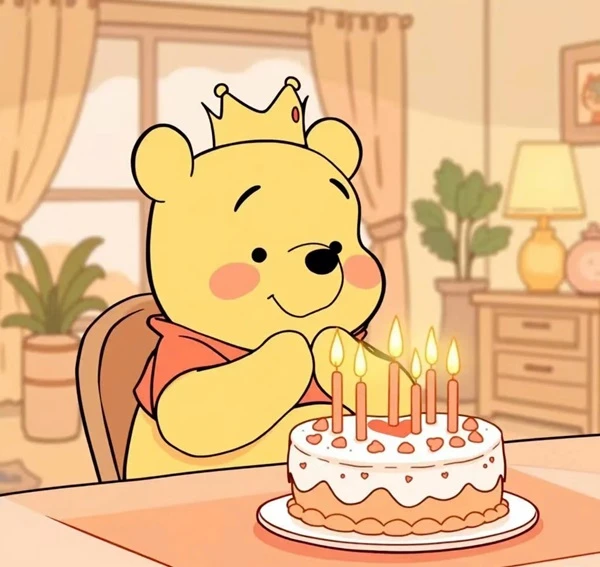 Gấu Winnie ngồi ở bàn với bánh sinh nhật meme happy birthday