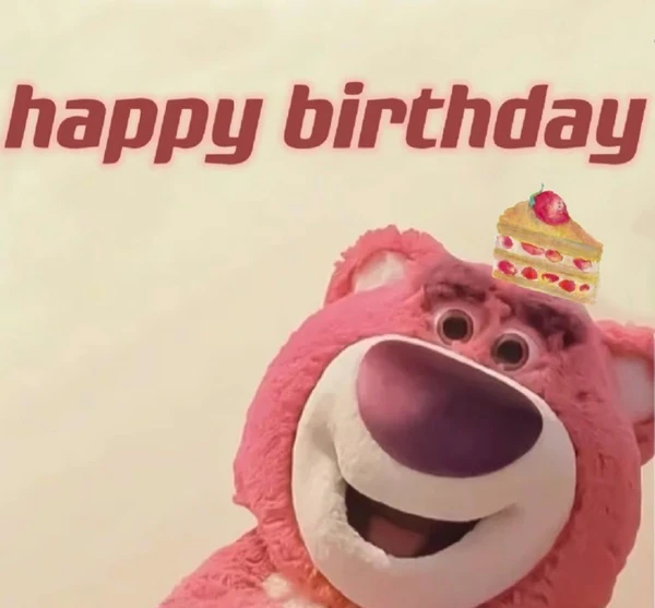 một con gấu màu hồng với một chiếc mũ sinh nhật trên meme happy birthday