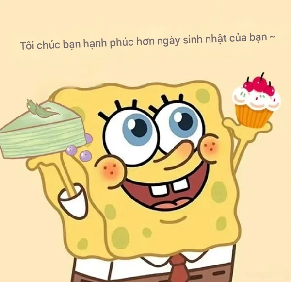 một nhân vật hoạt hình cầm một chiếc bánh cupcake và một miếng bánh meme happy birthday
