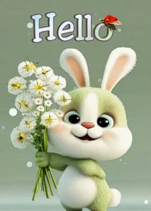 Một chú thỏ dễ thương đang cầm một bó hoa meme hello