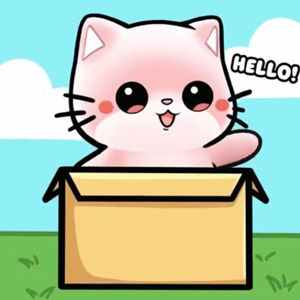 Một con mèo đang ngồi trong một cái hộp với lời nói xin chào meme hello
