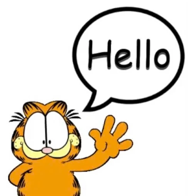 Một con mèo hoạt hình với một bong bóng phát biểu nói xin chào meme hello