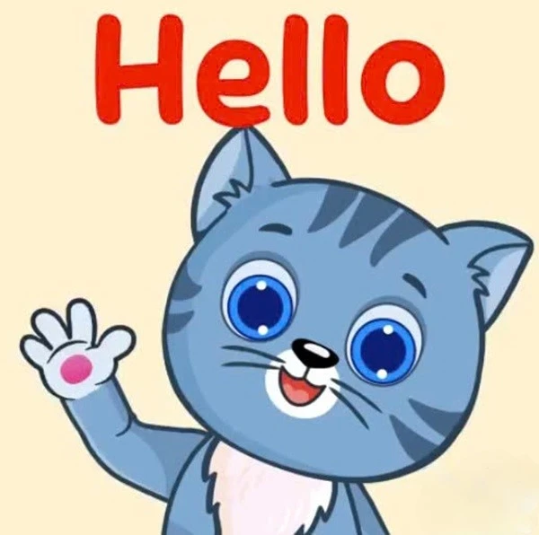 Một con mèo hoạt hình với từ xin chào meme hello