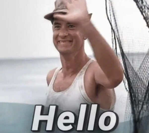 một người đàn ông mặc áo sơ mi trắng và mũ giữ lưới meme hello