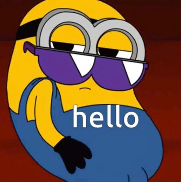 một nhân vật hoạt hình với kính râm và một cái tên nói xin chào meme hello