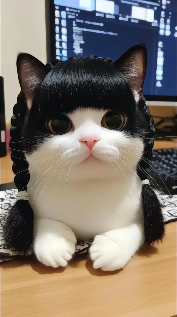 Một con mèo đen trắng với bộ tóc giả màu đen trên đầu meme mèo cute