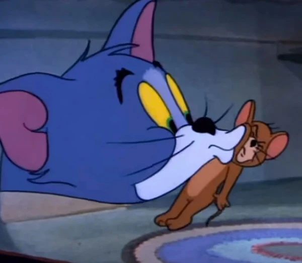 Một con mèo hoạt hình đang đứng cạnh một con chuột (tag: meme tom and jerry)