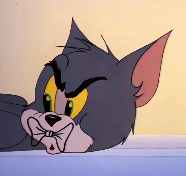 Một con mèo hoạt hình với đôi mắt màu vàng và mái tóc đen - meme tom and jerry