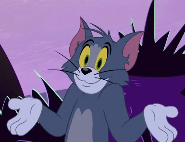 Một con mèo hoạt hình với đôi mắt màu vàng và nền màu tím (tag: meme tom and jerry)