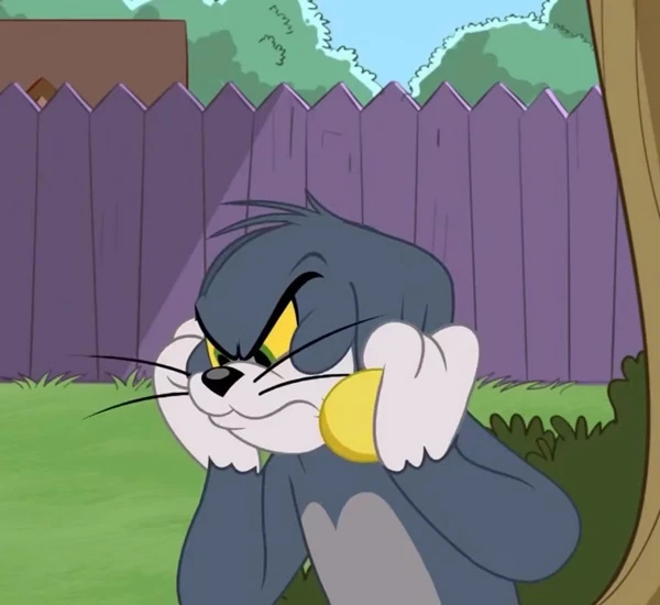 Một con mèo hoạt hình với mũi màu vàng và mũi đen chủ đề meme tom and jerry