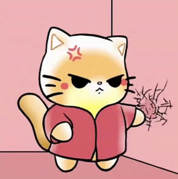 Một con mèo hoạt hình với áo sơ mi đỏ và kính râm meme tức giận