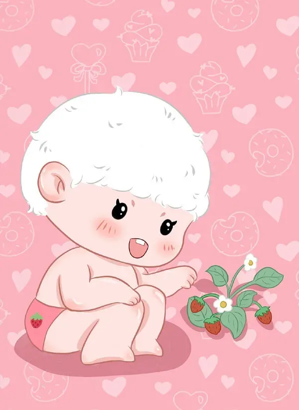 Một bé gái nhỏ ngồi trên mặt đất hình ảnh dâu tây cute với một quả dâu tây trong tay