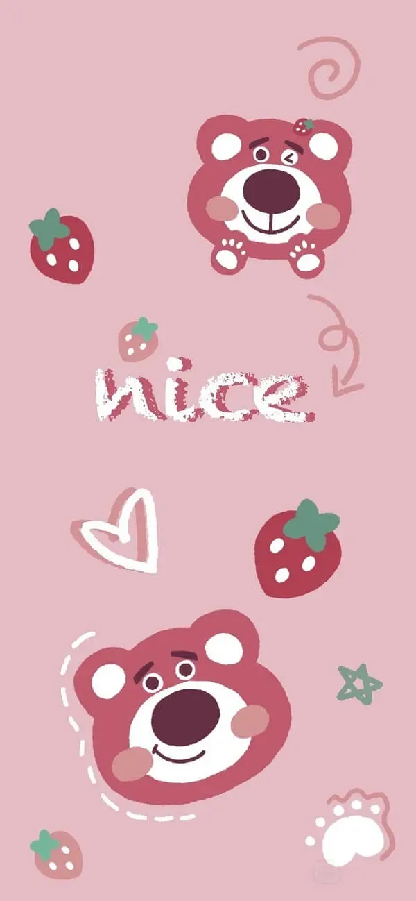 Một nền màu hồng hình nền dâu tây cho điện thoại với một con gấu và trái tim