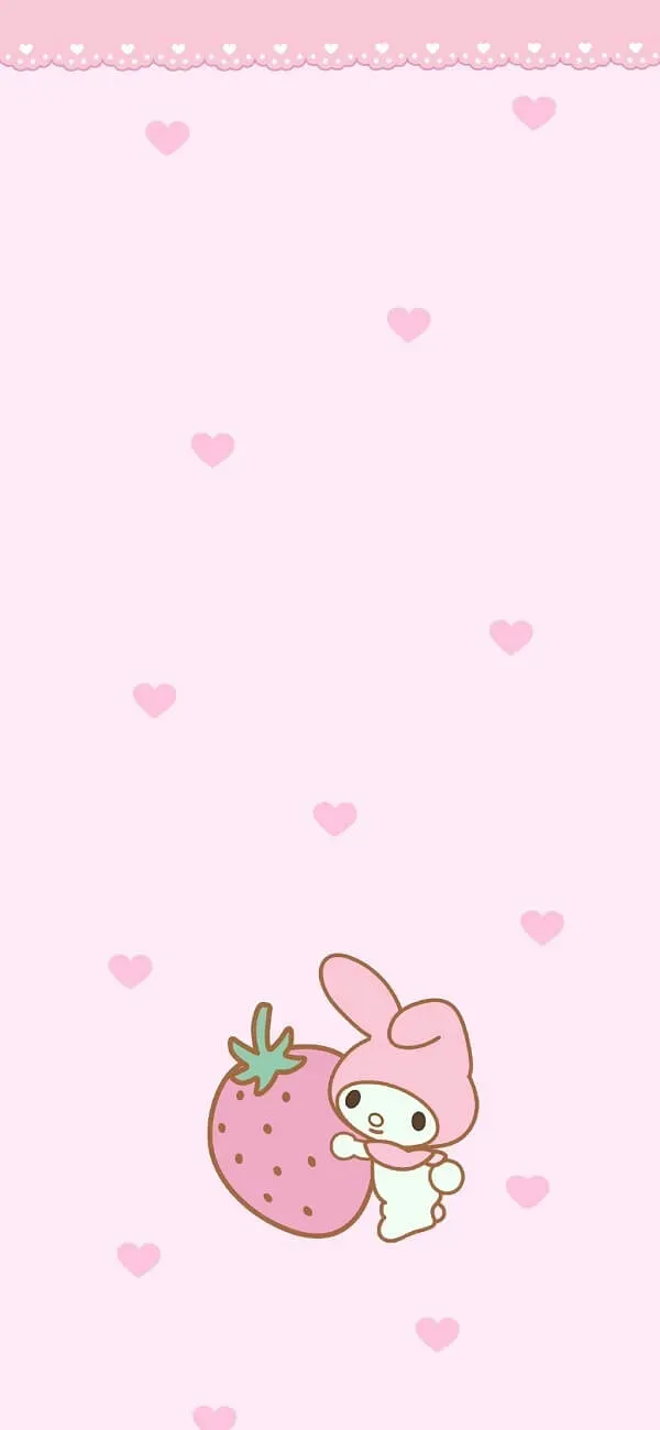 Một nền màu hồng với hình ảnh dâu tây cute một chú thỏ dễ thương và một trái tim