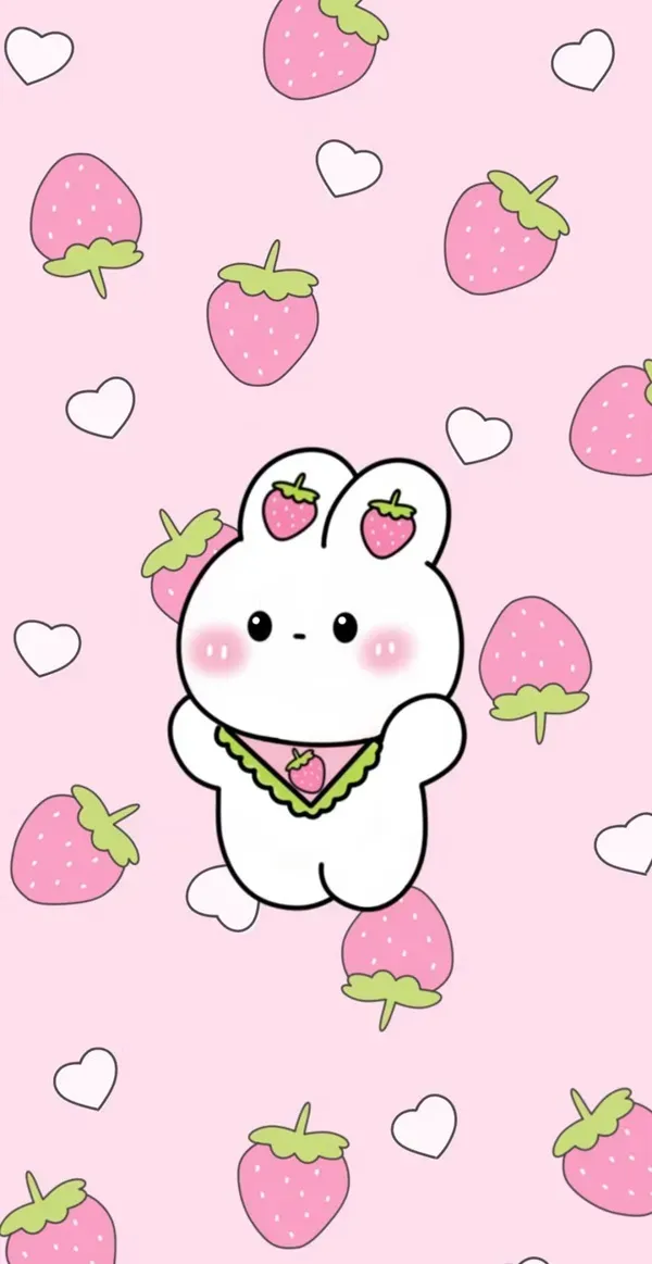 Một nền màu hồng với một con mèo trắng và hình nền dâu tây cute trái tim màu hồng