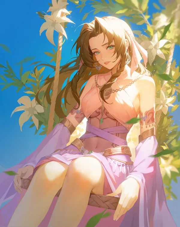 Ảnh aerith gainsborough hentai cô gái anime ngồi trên một chiếc xích đu trong nền