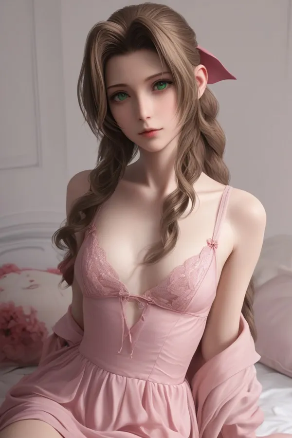Ảnh aerith gainsborough hentai cô gái mặc đồ lót màu hồng ngồi trên giường với gối