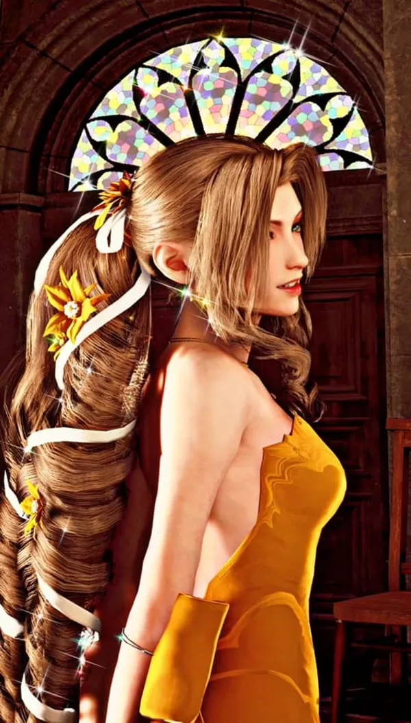 Ảnh aerith gainsborough hentai có một người phụ nữ mái tóc dài trong chiếc váy màu vàng