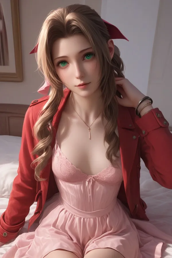 Ảnh aerith gainsborough hentai người phụ nữ tóc vàng mặc váy màu hồng ngồi trên giường áo khoác đỏ và nơ