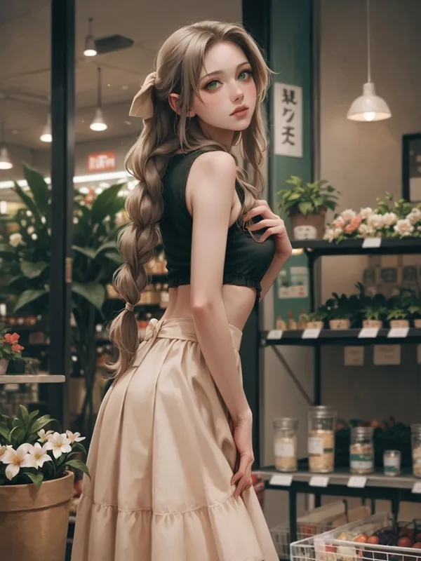 Ảnh aerith gainsborough hentai có một người phụ nữ đang đứng trước cửa hàng