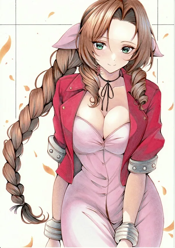 Hình ảnh aerith gainsborough cô gái anime với mái tóc nâu dài mặc váy màu hồng và áo khoác