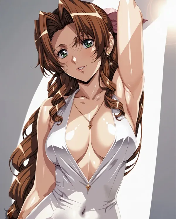 Ảnh aerith gainsborough sexy hình một người phụ nữ có mái tóc dài màu nâu mặc váy trắng