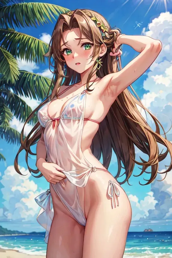 Ảnh aerith gainsborough sexy một người phụ nữ mặc bikini đang đứng trên bãi biển