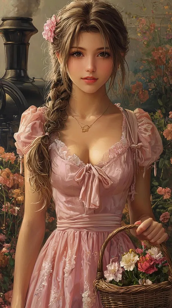 Ảnh aerith gainsborough sexy tranh của một người phụ nữ mặc chiếc váy màu hồng cầm cái giỏ hoa