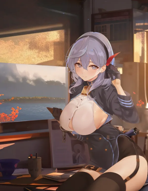 Ảnh amau ako sexy nhân vật anime nữ ngồi trên ghế trong phòng với tầm nhìn ra đại dương