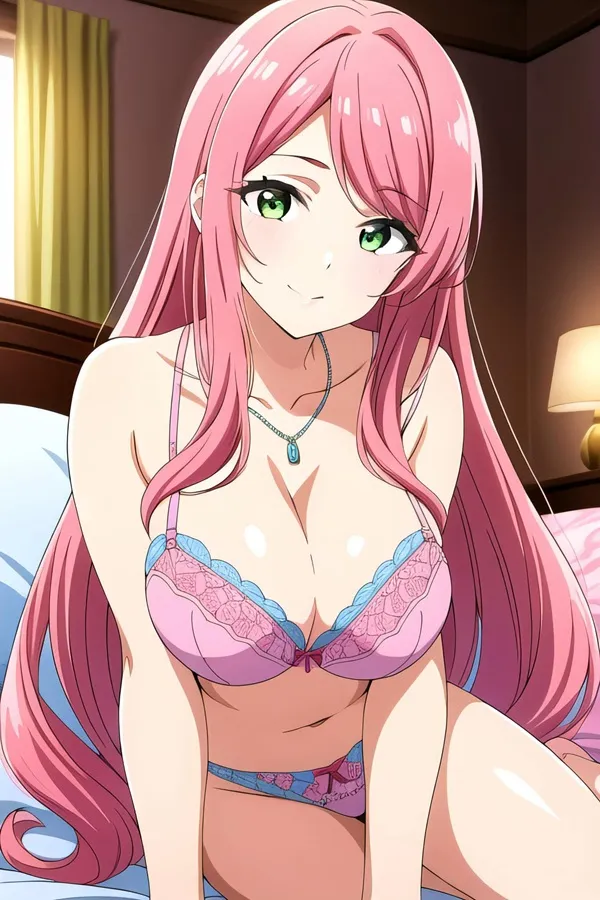Ảnh anime hanazono hahari có một người phụ nữ mái tóc dài màu hồng ngồi trên giường