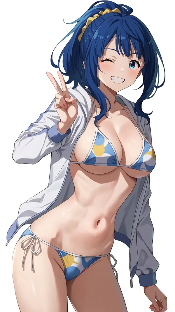 Ảnh anna yanami sexy cô gái anime với mái tóc xanh trong bộ bikini và áo khoác tạo dáng cho máy