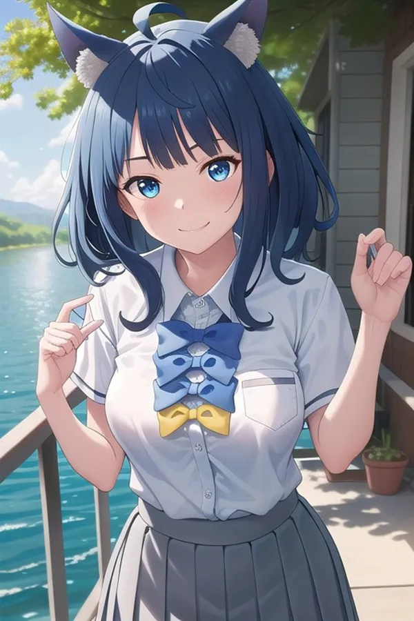 Ảnh anna yanami cute cô gái anime với mái tóc màu xanh đeo tai mèo và cà vạt nơ đang tạo dáng trước cơ thể nước
