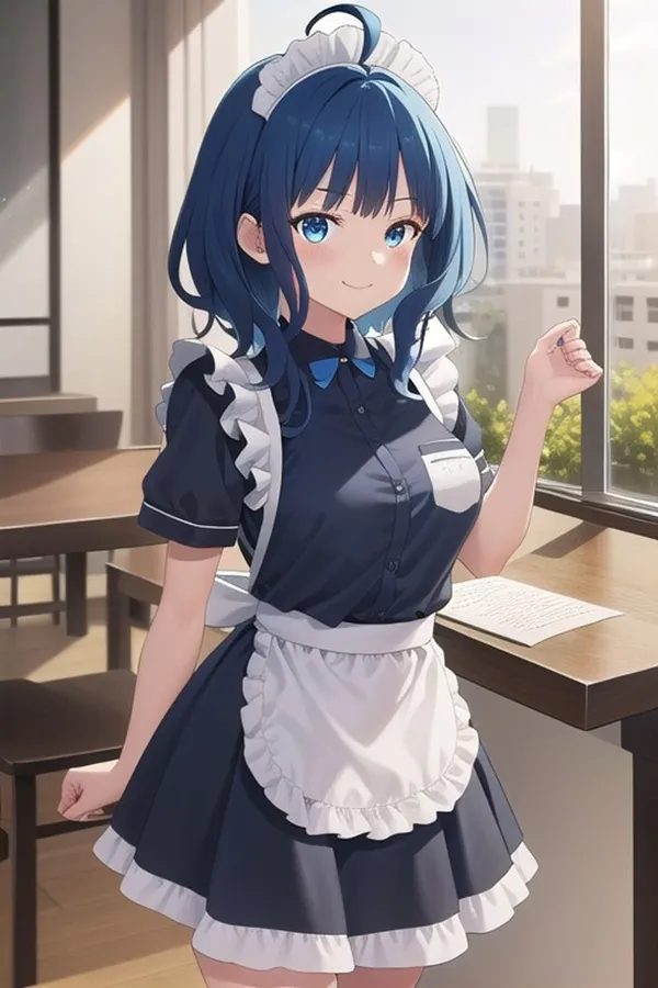 Ảnh anna yanami cute cô gái anime với mái tóc xanh và tạp dề màu trắng đứng trước cửa sổ