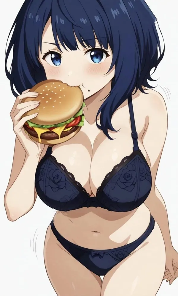 Ảnh anna yanami cute có một người phụ nữ mặc bikini ăn bánh hamburger